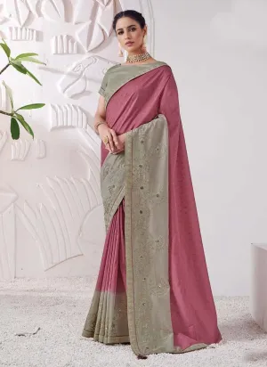 Aesthetic Sequins Work Deep Pink Color Silk Fabric Embroidered Saree