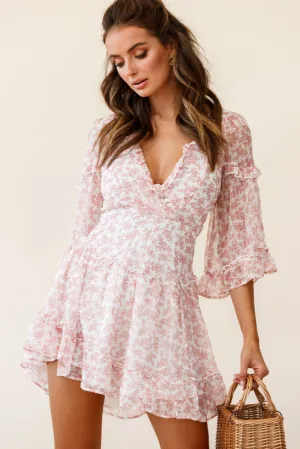 Albany Lace Up Back Frill Dress Tiny Floral Print Pink