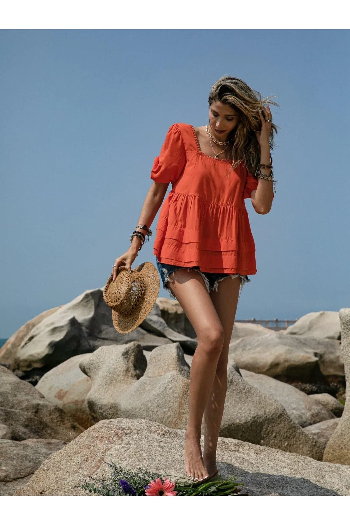 Beach Bound Peplum Square Neck Short Sleeve Blouse