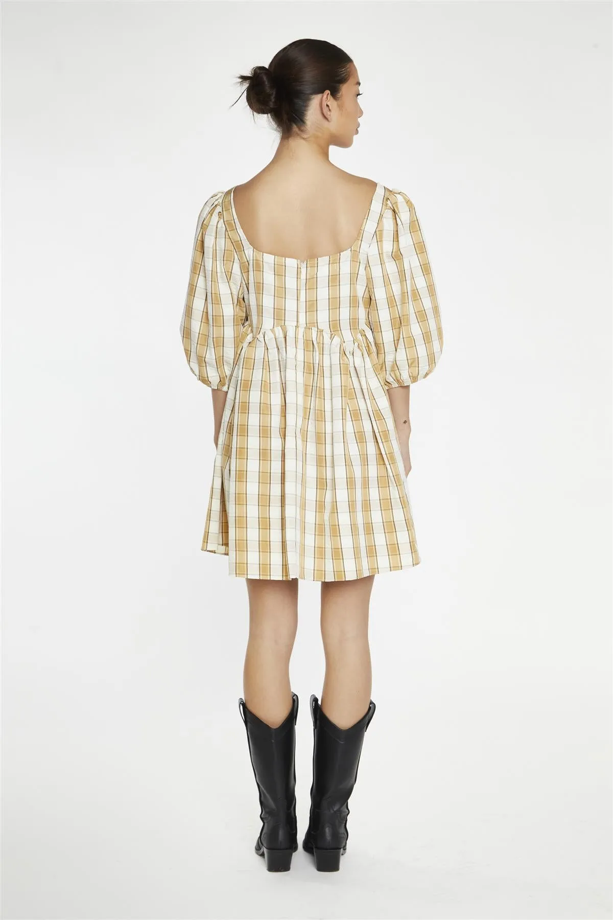 Beige-Cream Check Square-Neck Smock Mini-Dress