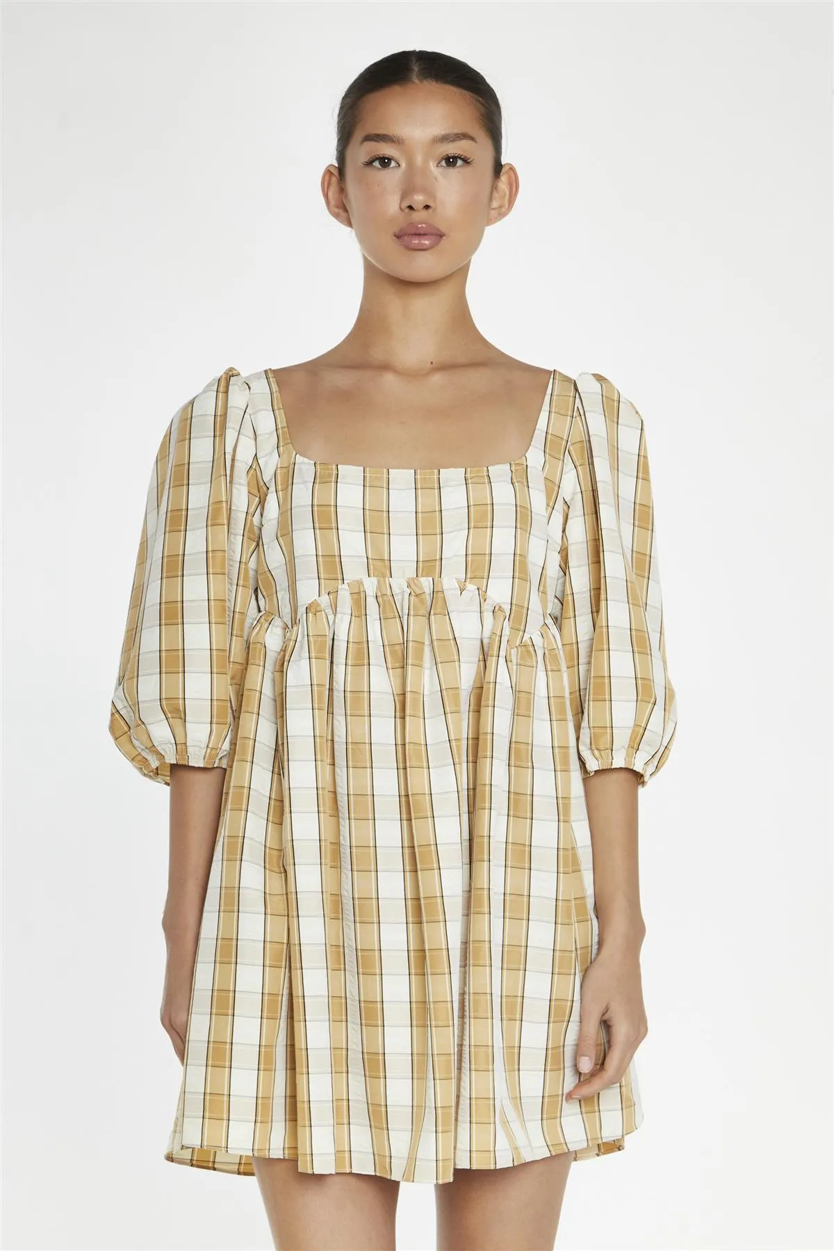 Beige-Cream Check Square-Neck Smock Mini-Dress