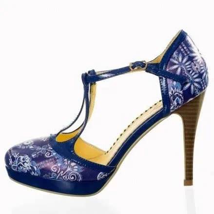 Blue Floral Retro Print T-Strap High Heels