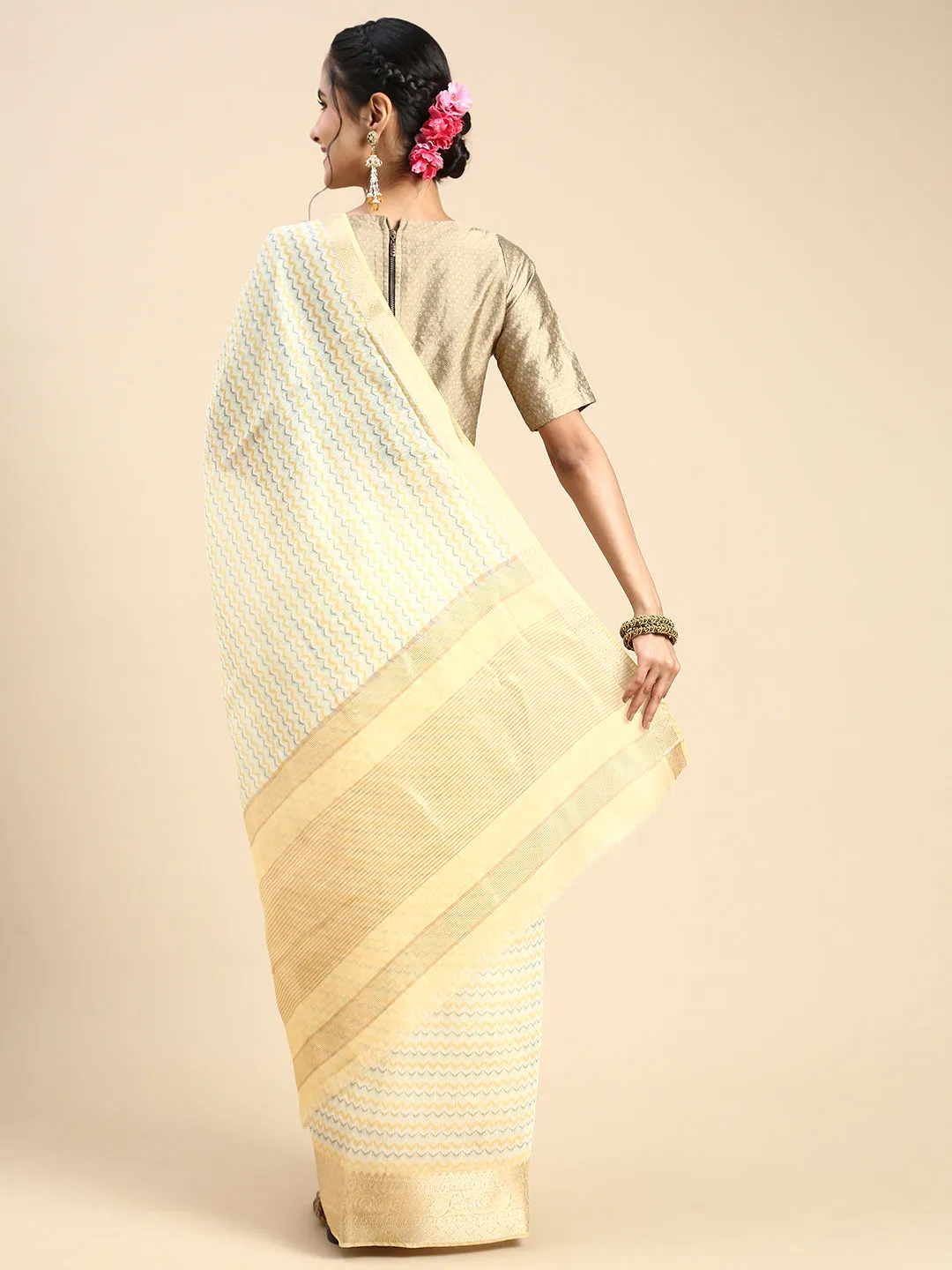 Digital Printed Sandal & Yellow Colour Semi Linen Saree SL85