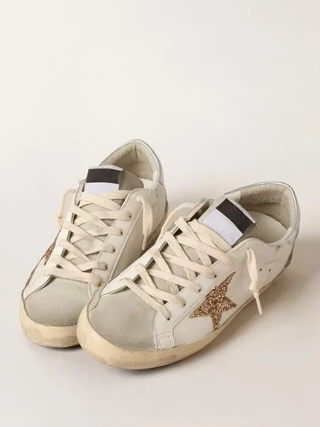 Ecru White Women Sneakers Round Toe Glitter Star Metallic Patchwork Skate Sneakers