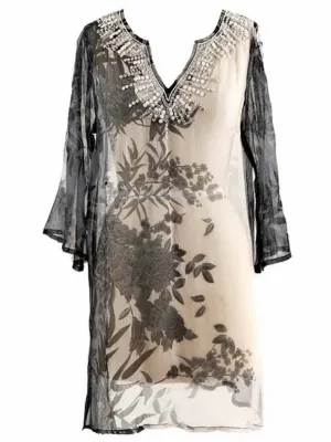 Elegant Gray & Beige Sheer Beach Cover Up With Sequin Trim