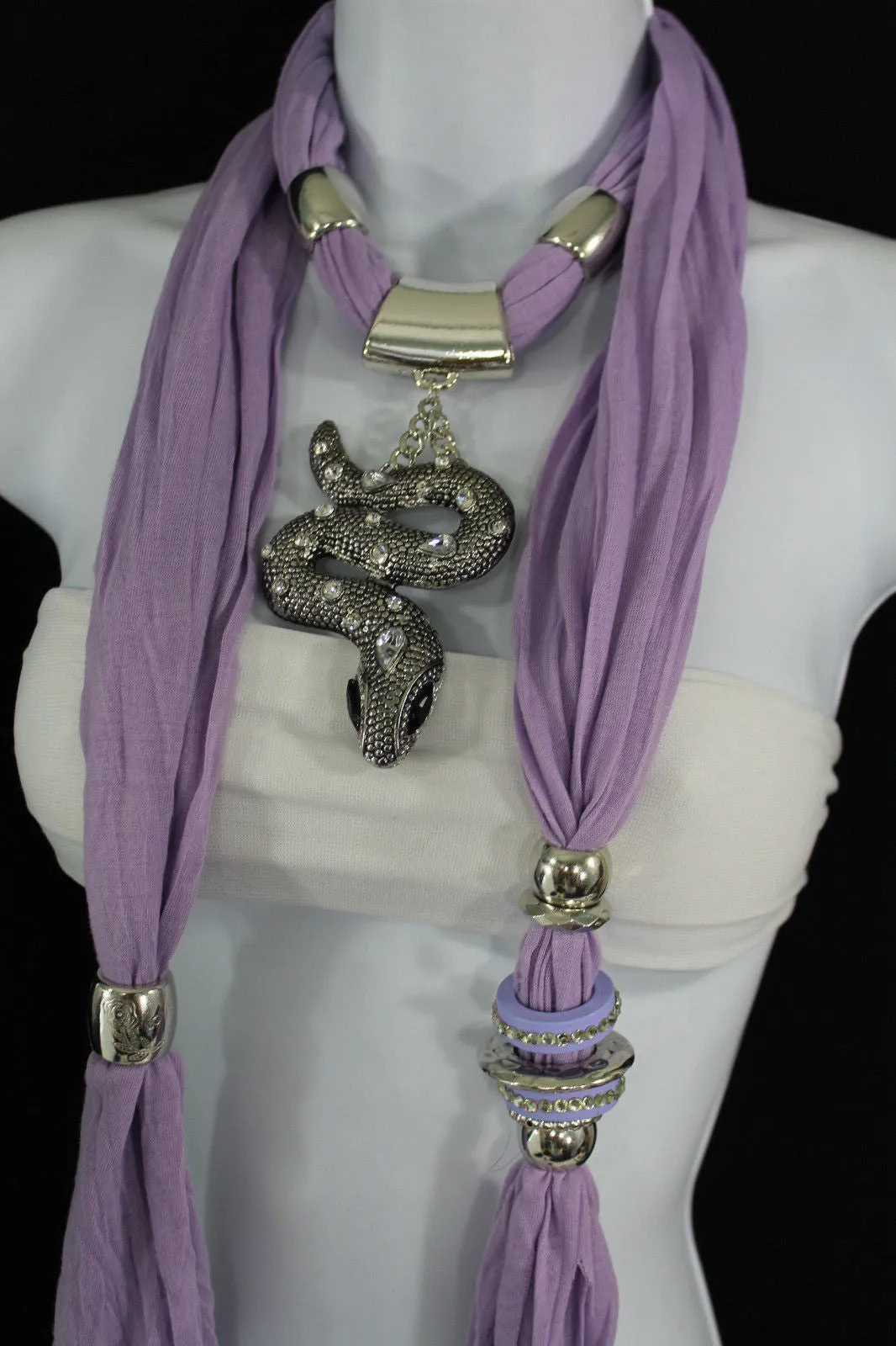 Lavender Scarf Fabric Silver Metal Snake Pendant Necklace Lilac Accessories