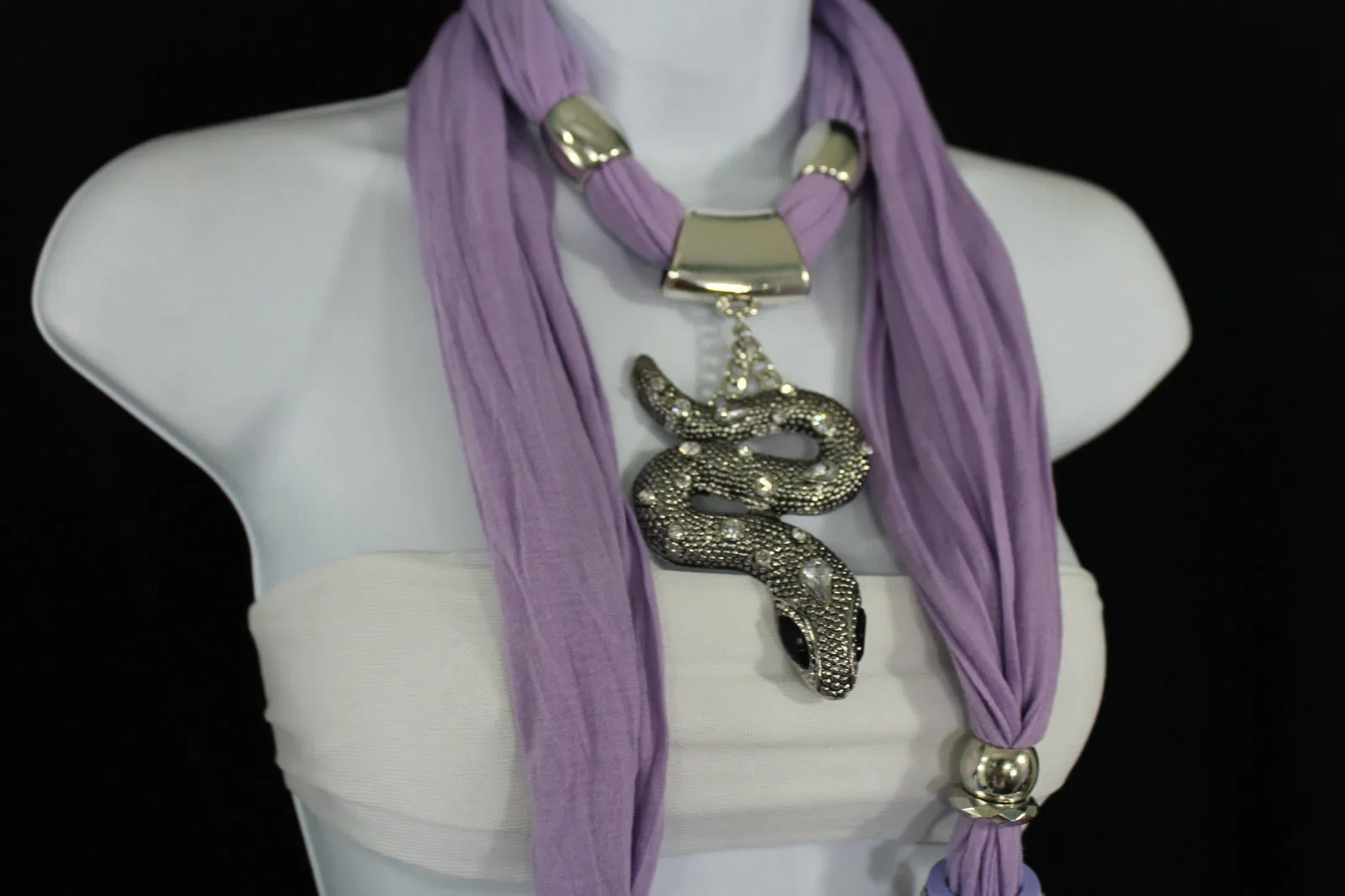 Lavender Scarf Fabric Silver Metal Snake Pendant Necklace Lilac Accessories