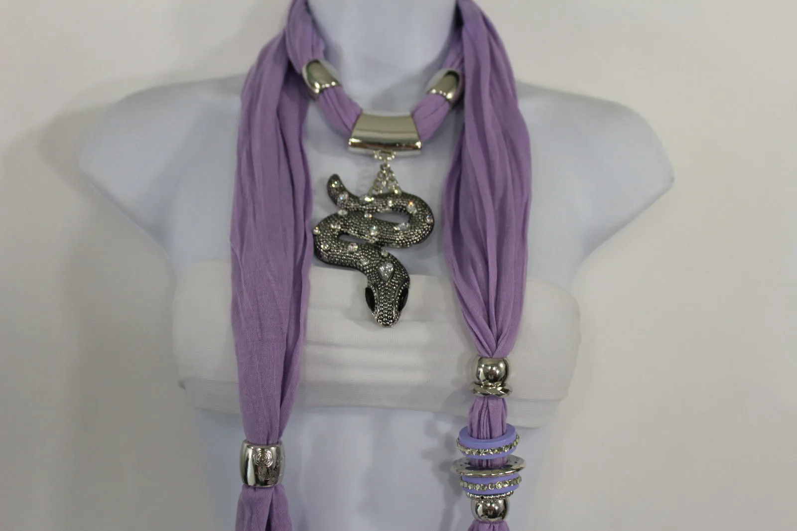 Lavender Scarf Fabric Silver Metal Snake Pendant Necklace Lilac Accessories