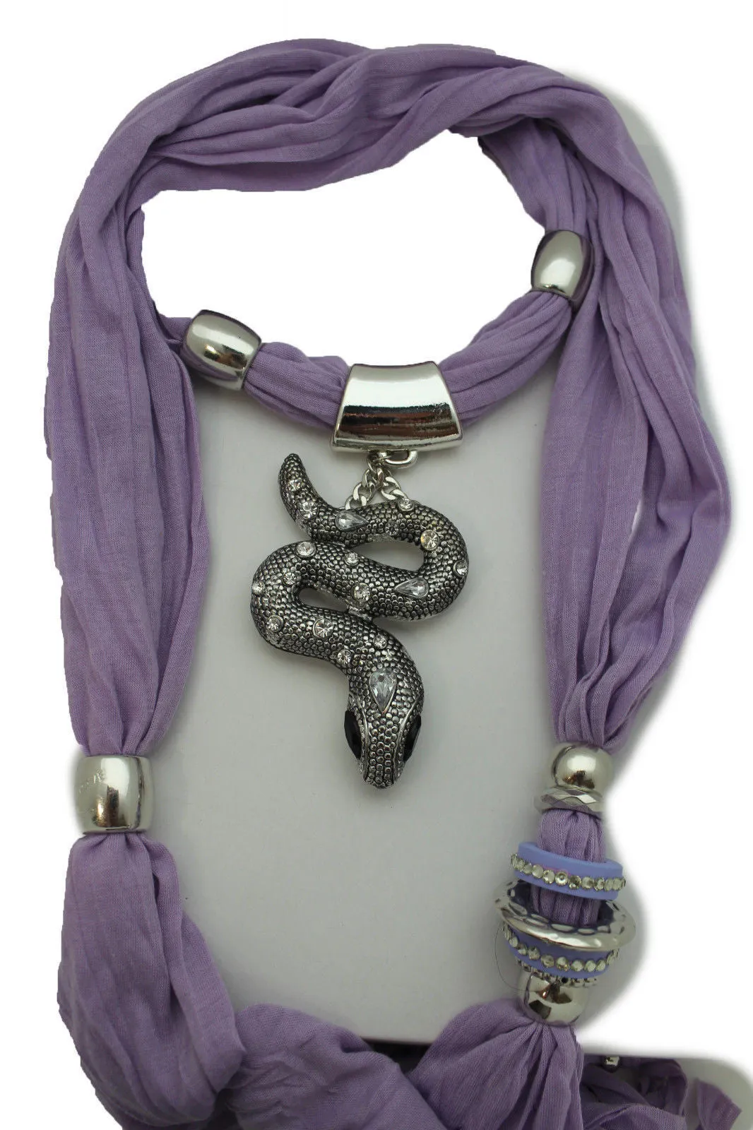 Lavender Scarf Fabric Silver Metal Snake Pendant Necklace Lilac Accessories