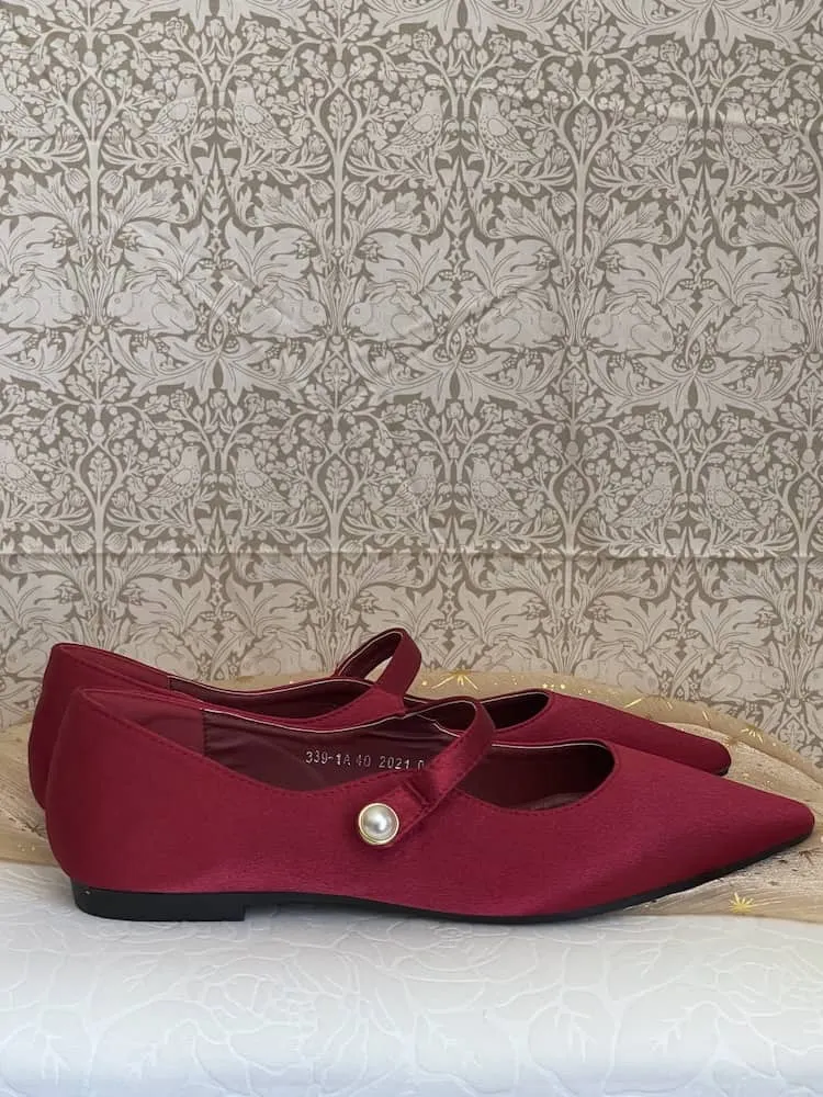 Medieval & Renaissance Satin Pointed Toe Poulaine Flats in Burgundy