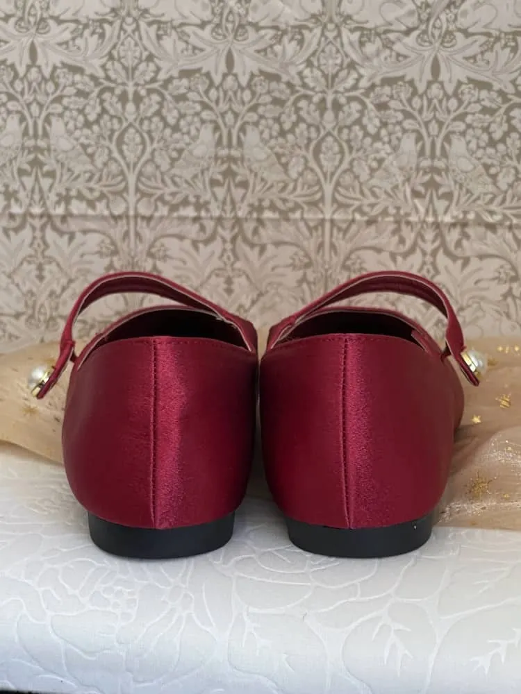 Medieval & Renaissance Satin Pointed Toe Poulaine Flats in Burgundy