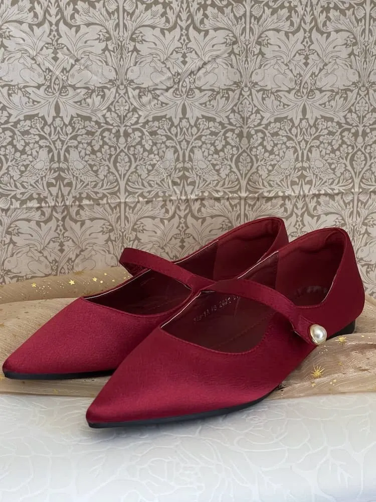 Medieval & Renaissance Satin Pointed Toe Poulaine Flats in Burgundy