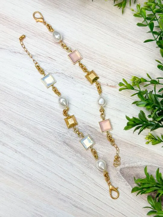 Pearl & Iridescent Stone Station Bracelet - Pink