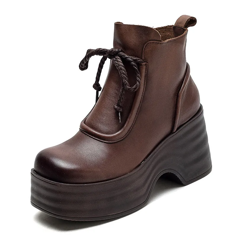 Women Autumn Retro Leather Chunky Platform Boots