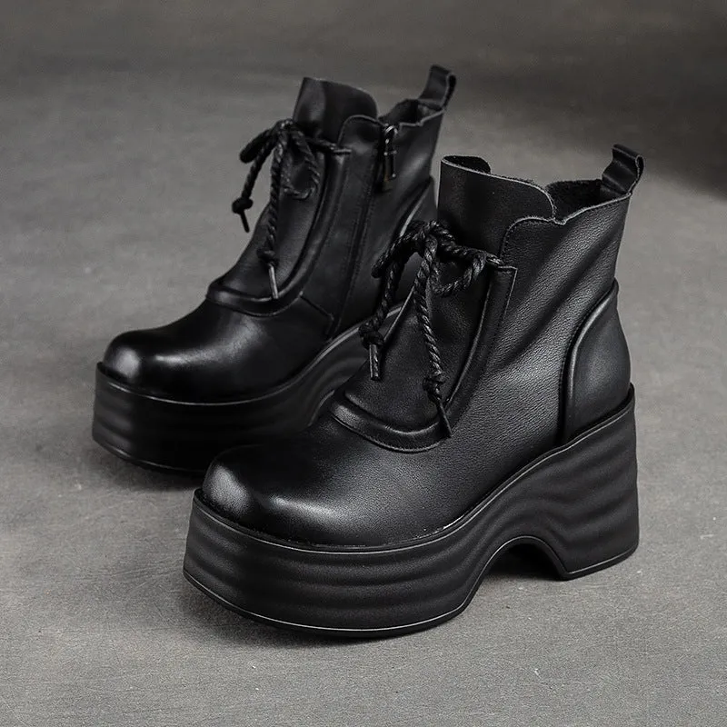 Women Autumn Retro Leather Chunky Platform Boots