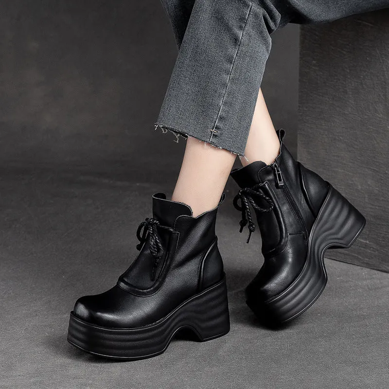 Women Autumn Retro Leather Chunky Platform Boots