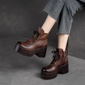 Women Autumn Retro Leather Chunky Platform Boots