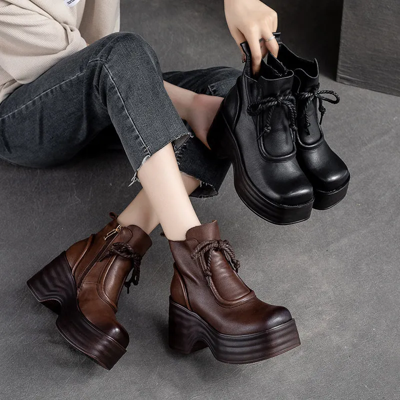 Women Autumn Retro Leather Chunky Platform Boots