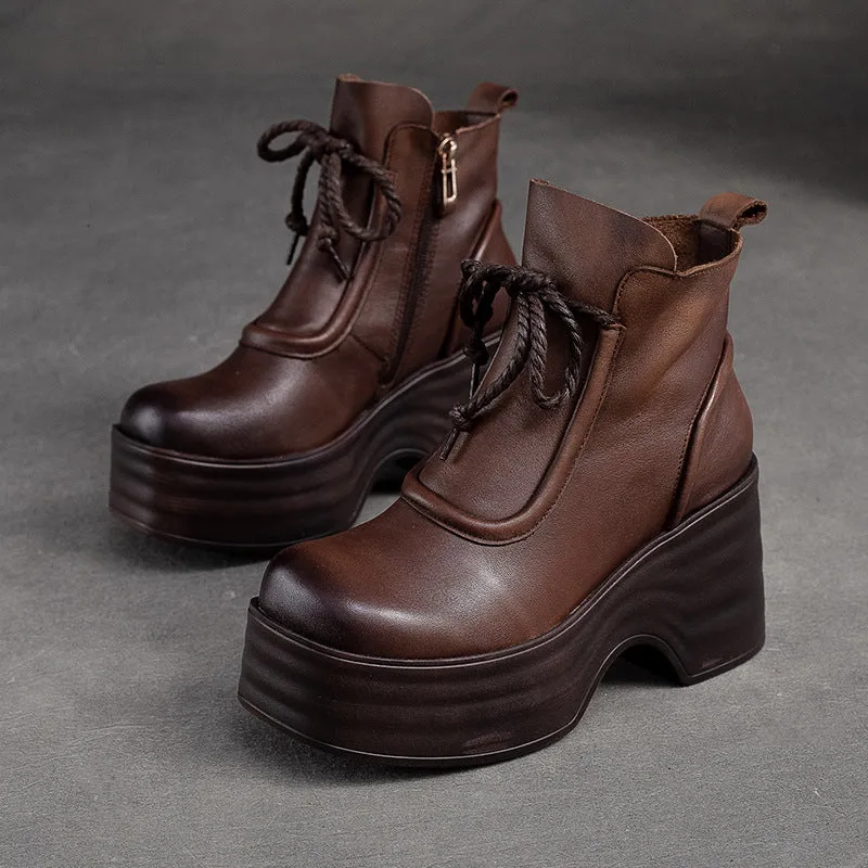 Women Autumn Retro Leather Chunky Platform Boots