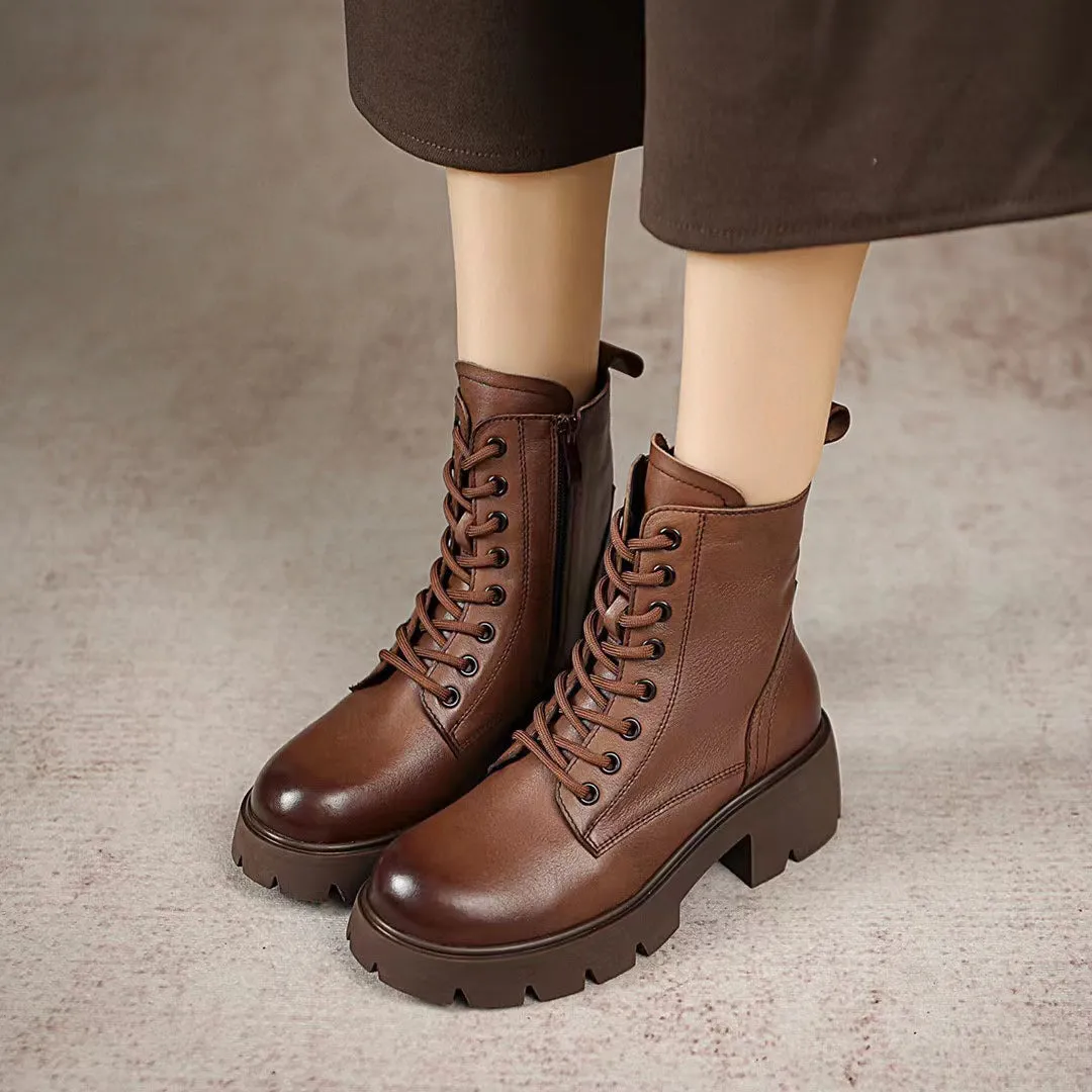 Women Classic Minimalist Leather Chunky Platform Combat Boots