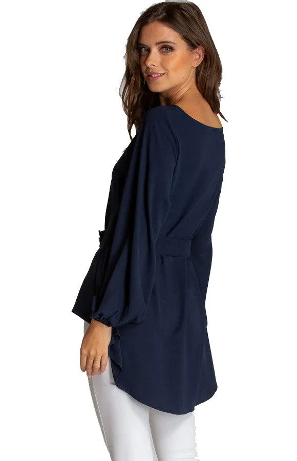 Women's Navy Boat Neckline Blouse With Button Details