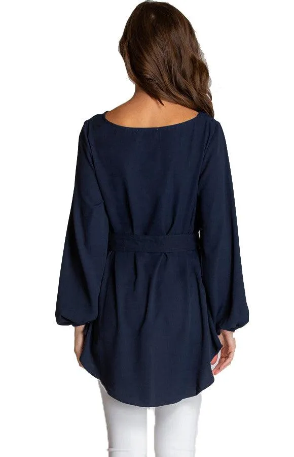 Women's Navy Boat Neckline Blouse With Button Details