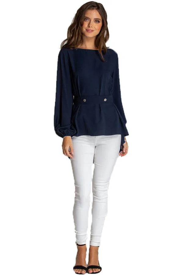 Women's Navy Boat Neckline Blouse With Button Details